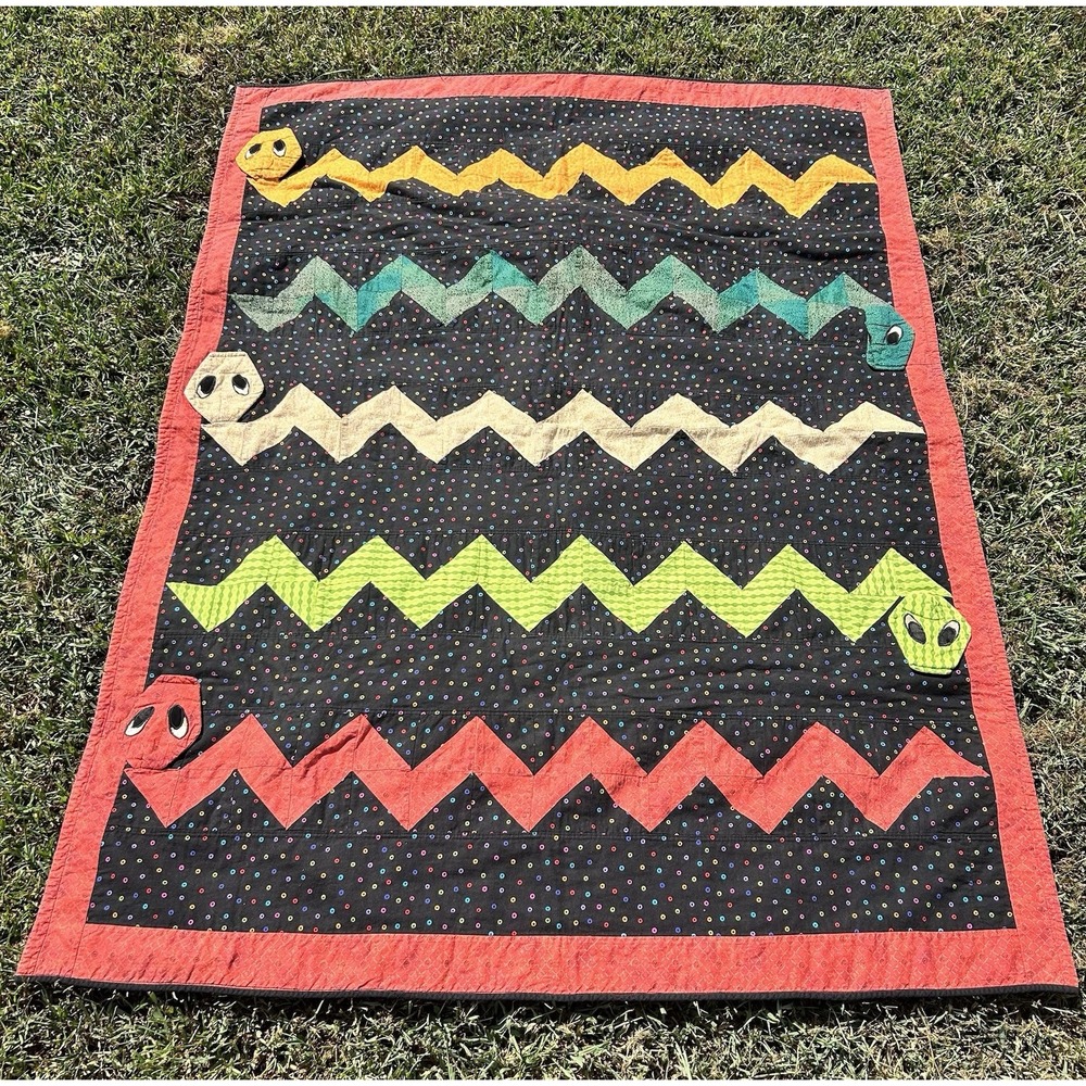 VTG Handmade Patchwork Quilt Snake Pattern Kids Reptile Double Sided 58X45